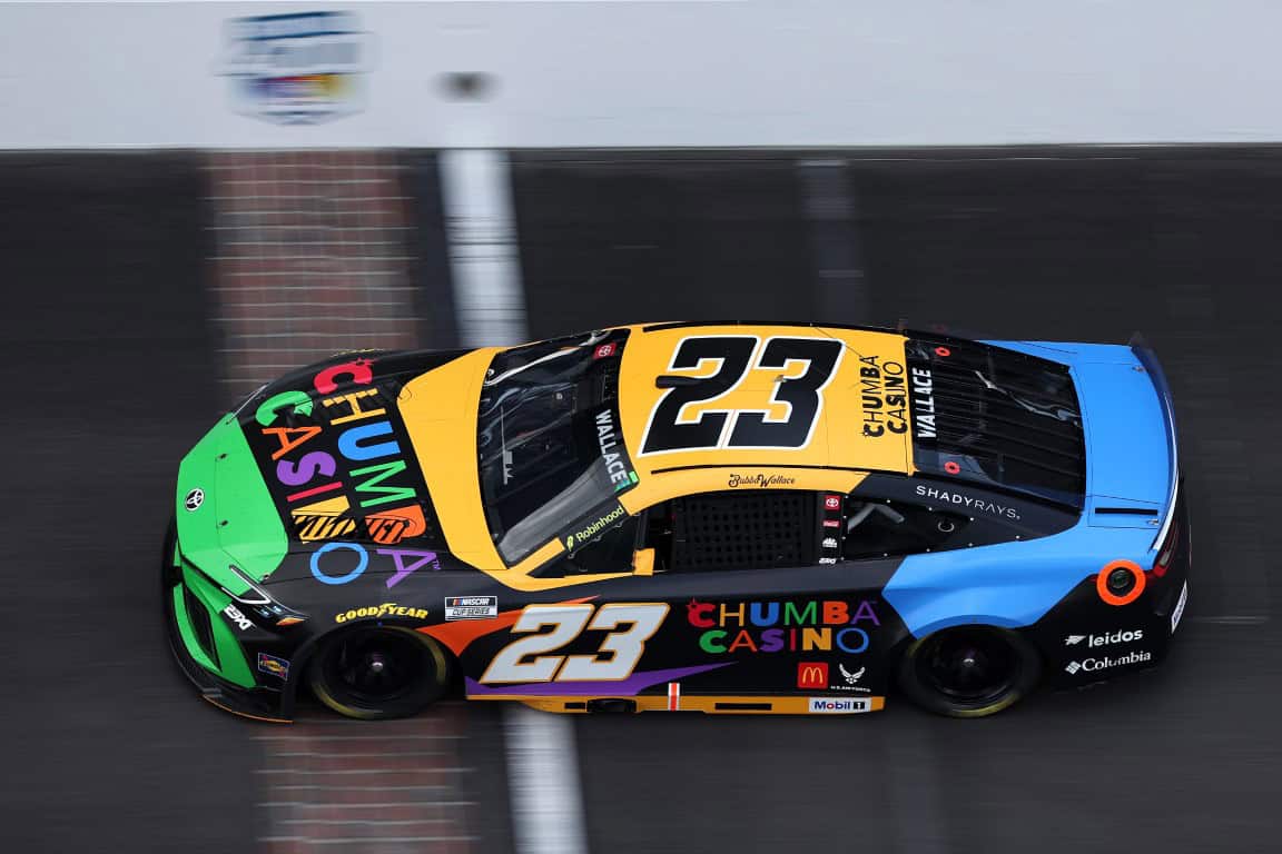 Bubba Wallace, driver of the #23 Chumba Casino Toyota, drives during the NASCAR Cup Series Brickyard 400 Presented by PPG at Indianapolis Motor Speedway on July 27, 2025 in Indianapolis, Indiana. (Photo by James Gilbert/Getty Images)