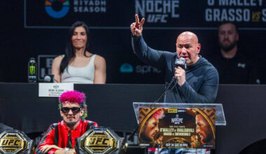Dana White talks to the fans during the UFC 306 press conference at the Sphere on Thursday, Sep ...