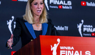 WNBA commissioner Cathy Engelbert speaks to the media before game 1 of the WNBA Finals series w ...