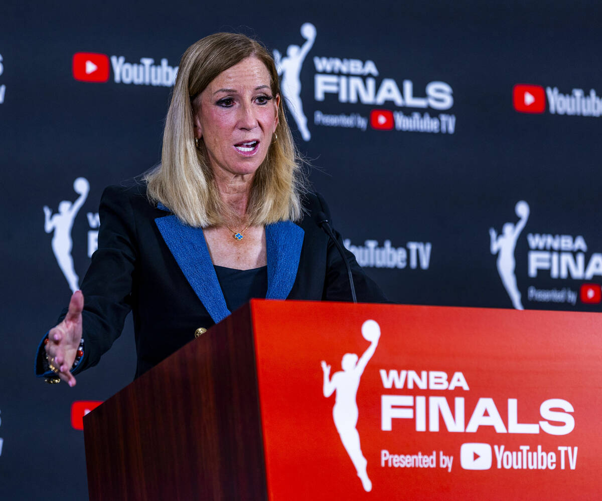 WNBA commissioner Cathy Engelbert speaks to the media before game 1 of the WNBA Finals series w ...