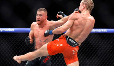Justin Gaethje, left, connects with a punch on Paddy Pimblett in an interim lightweight title f ...