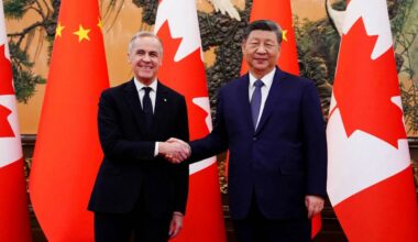 Canadian Prime Minister Mark Carney shakes hands with President of China Xi Jinping at the Great Hall of the People in Beijing, China, on Jan. 16, 2026. Sean Kilpatrick/Pool via Reuters