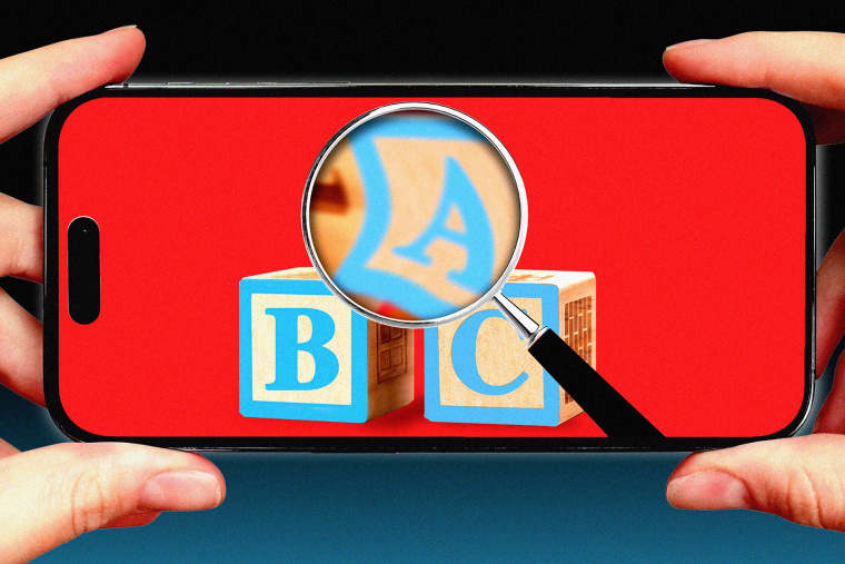 Photo illustration of hands holding phone, on the phone screen: a magnifying glass and ABC block letters 