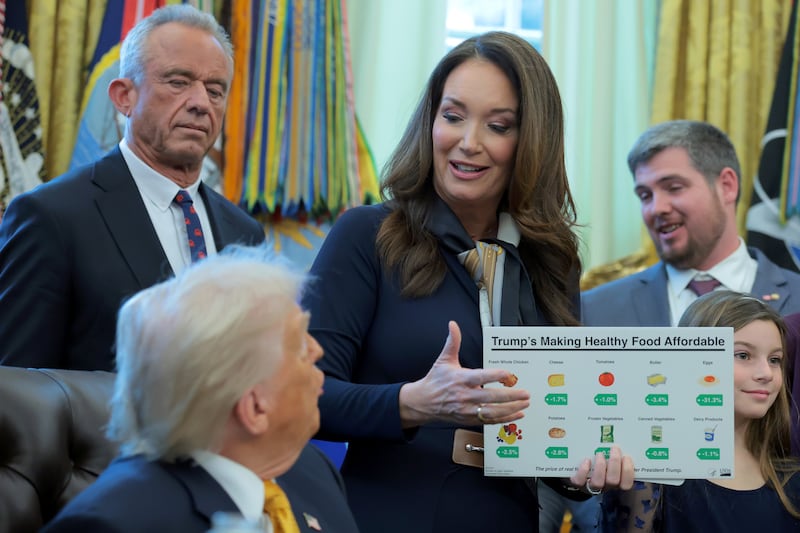 WASHINGTON, DC - JANUARY 14: U.S. Secretary of Agriculture Brooke Rollins (C) speaks as U.S. Secretary of Health and Human Services Robert F. Kennedy Jr. (L) and U.S. President Donald Trump look on during a bill signing in the Oval Office of the White House on January 14, 2026 in Washington, DC. Trump is expected to sign a series of bills including the "Whole Milk for Healthy Kids Act" to allow the sale of whole milk in school cafeterias across the country. (Photo by Anna Moneymaker/Getty Images)