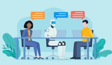 a cartoon illustration of a robot and two humans working on laptops together