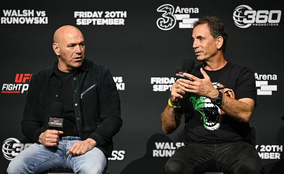 Dublin , Ireland - 19 September 2024; Tom Loeffler, President of 360 Promotions, right, and UFC president Dana White at the 3Arena in Dublin, ahead of the Walsh vs Runowski bout tomorrow night. (Photo By David Fitzgerald/Sportsfile via Getty Images)