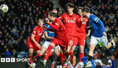 Nicolas Raskin heads home a Connor Barron corner in Rangers' 2-0 Scottish Premiership victory over Aberdeen on Tuesday