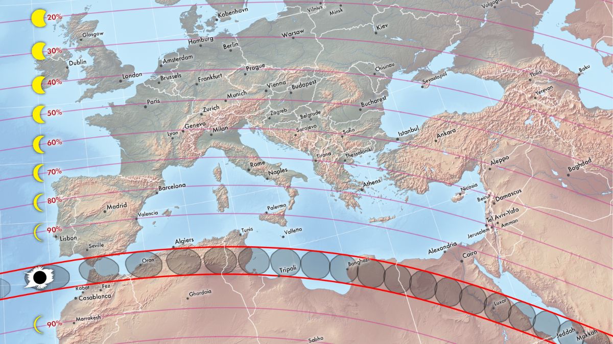 A map of Africa and the Mediterranean showing the path of the total solar eclipse in 2027.