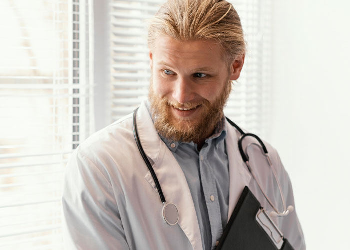 Male doctor with beard wearing a white coat and stethoscope, holding clipboard, representing unprofessional things doctors said.