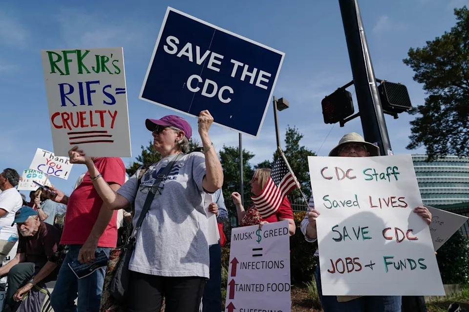 People demonstrate outside the main campus of the Centers For Disease Control and Prevention in Atlanta, Georgia, in April 2025. Researchers say an audit shows nearly half of the agency’s federal health surveillance databases had unexplained pauses in updates starting under Secretary Robert F. Kennedy, Jr. (Getty Images)