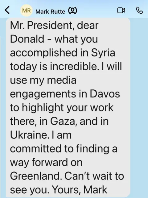 Truth Social The screenshot of text messages from Nato Secretary Mark Rutte to US President Donald Trump