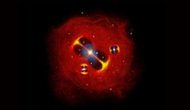 Artist's impression of a forming galaxy cluster in the early Universe: radio jets from active galaxies are embedded in a hot intracluster atmosphere (red), illustrating a large thermal reservoir of gas in the nascent cluster.