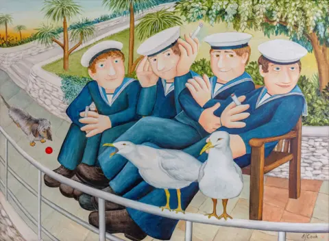 John Cook 2025 Sailors and Seagulls is a painting featuring a group of sailors in blue uniforms and white hats squeezed on to a bench. Seagulls sit on the railings in front of them.