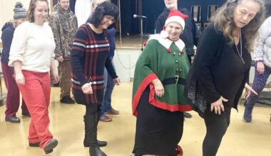 Recently elected NDP MLA Debra Toporowski gets in line with community members with Brain on Wheels Rehab Society&rsquo;s founder Chris Rafuse dressed for the holidays. BOWRS hosted their first ever kitchen party at Duncan United Church. Line dancing benefits brain health through the physical exercise pillar. Learn more about the 6 pillars and take your brain assessment today. (Chadd Cawson/Citizen)