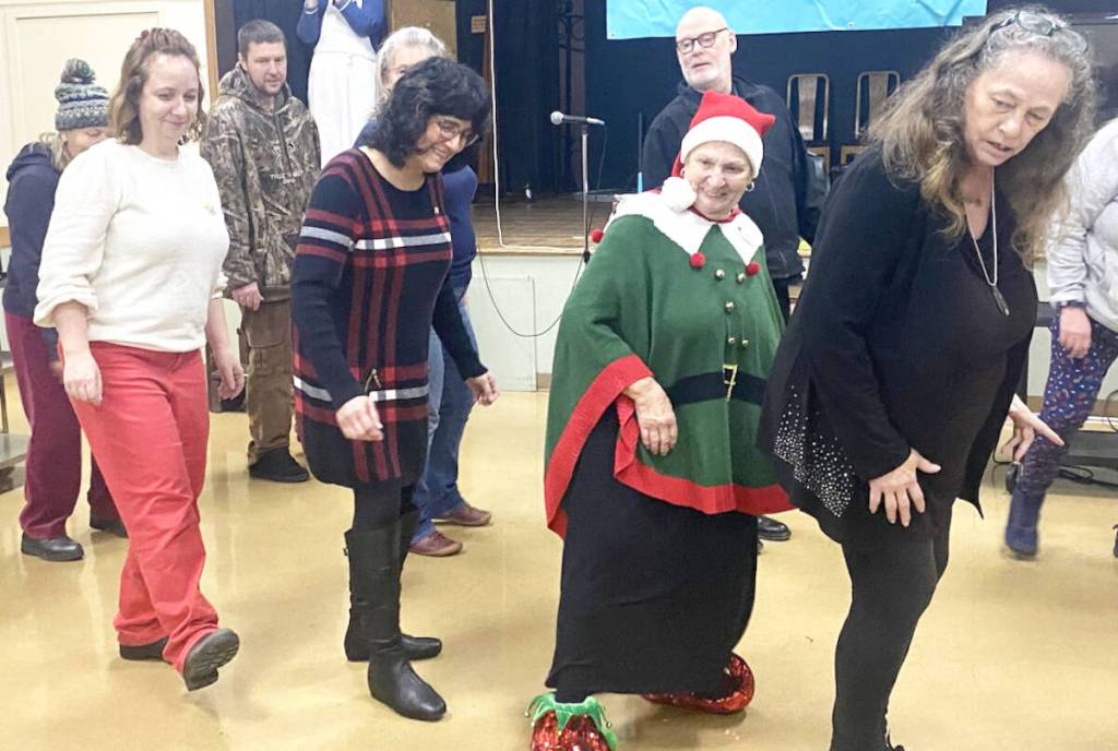 Recently elected NDP MLA Debra Toporowski gets in line with community members with Brain on Wheels Rehab Society&rsquo;s founder Chris Rafuse dressed for the holidays. BOWRS hosted their first ever kitchen party at Duncan United Church. Line dancing benefits brain health through the physical exercise pillar. Learn more about the 6 pillars and take your brain assessment today. (Chadd Cawson/Citizen)