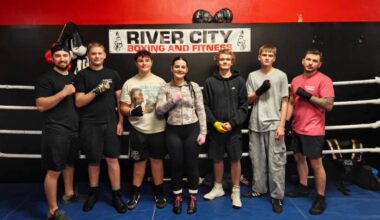 Mission fighters are preparing for the &ldquo;River City Rumble&rdquo; at Silverdale Hall on Jan. 31. From left to right: Coach Brennan Paterson, Connor Souter-Kealey, Silas De Blieck, Alise Field, Lincoln Shelley, Riley Ingeberg, and Justus Marshal. (Submitted Photo)