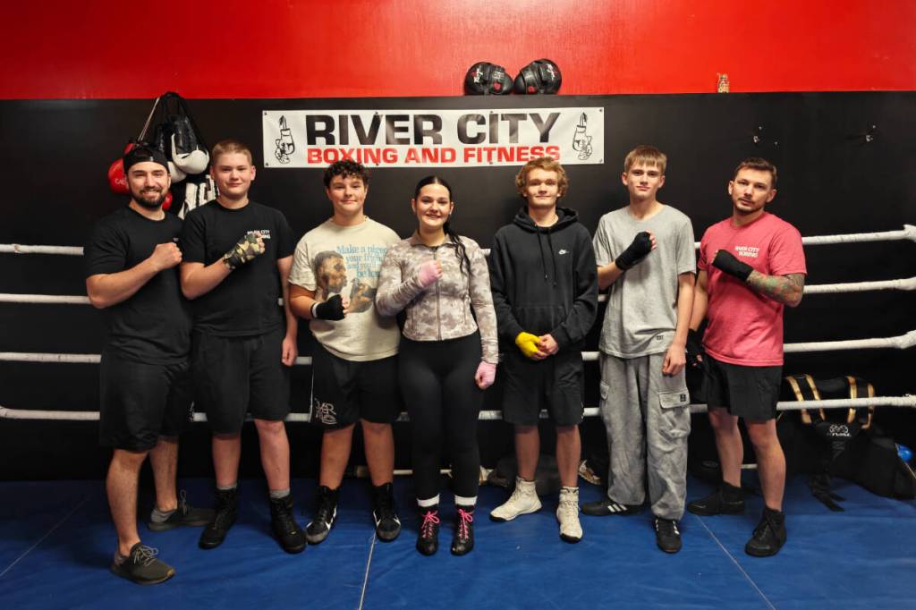 Mission fighters are preparing for the &ldquo;River City Rumble&rdquo; at Silverdale Hall on Jan. 31. From left to right: Coach Brennan Paterson, Connor Souter-Kealey, Silas De Blieck, Alise Field, Lincoln Shelley, Riley Ingeberg, and Justus Marshal. (Submitted Photo)