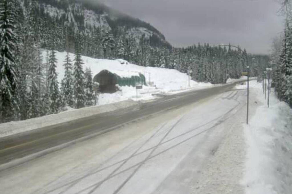 The Trans-Canada Highway closed through Albert Canyon for avalanche control Monday afternoon, Jan. 12. (Photo courtesy DriveBC)