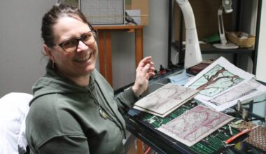 Julia Banford in her studio, where she&rsquo;s working on her next piece which will be featured in her February exhibit. (Jessica Durling/News Bulletin)
