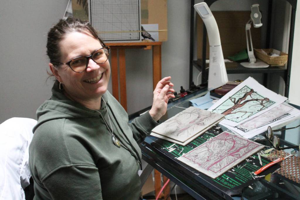 Julia Banford in her studio, where she&rsquo;s working on her next piece which will be featured in her February exhibit. (Jessica Durling/News Bulletin)