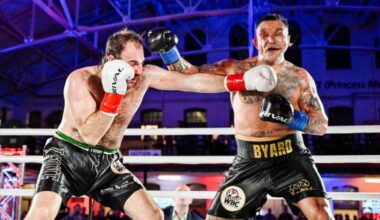 Brandon Colantonio lands a punch in front of a capacity crowd at the Bay Street Armoury on Nov. 8, 2025. He will return to the ring on Jan. 24 against Esera Iosefa. (Photo courtesy of Jeff Lockhart)
