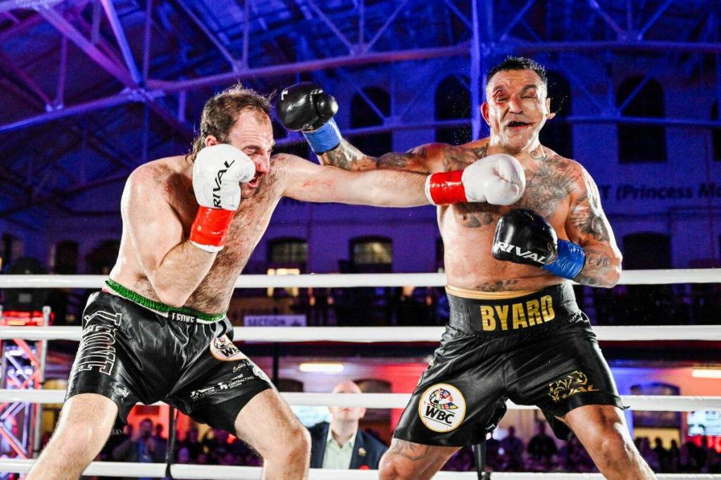 Brandon Colantonio lands a punch in front of a capacity crowd at the Bay Street Armoury on Nov. 8, 2025. He will return to the ring on Jan. 24 against Esera Iosefa. (Photo courtesy of Jeff Lockhart)