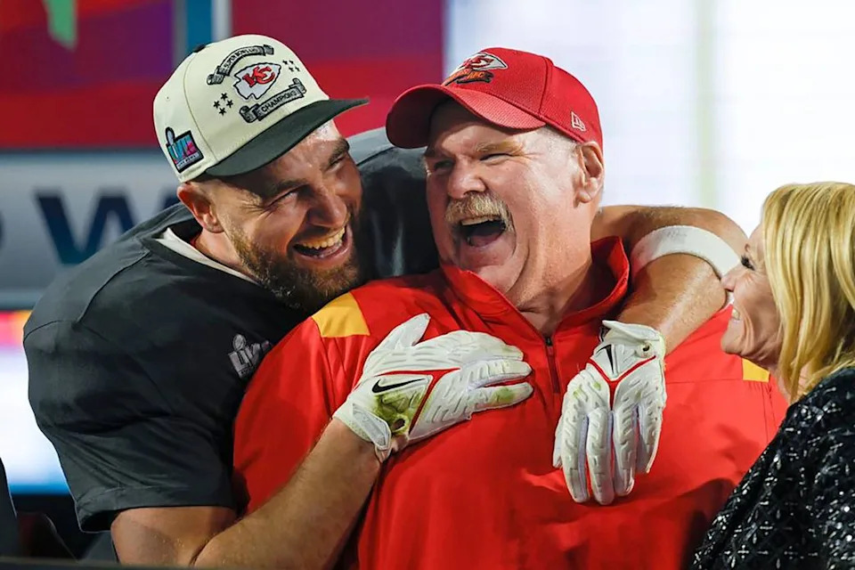 Tammy Ljungblad/The Kansas City Star/Tribune News Service via Getty Travis Kelce hugs head coach Andy Reid after the Chiefs win Super Bowl LVII on Feb. 12, 2023 in Glendale, Ariz.