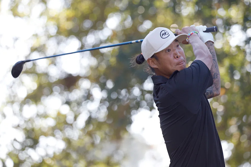 Jan 10, 2026; Lecanto, Florida, United States; Anthony Kim hits from the first tee during the third round of the LIV Golf Black Diamond Ranch golf tournament at Black Diamond Ranch. Mandatory Credit: Jeff Swinger-Imagn Images