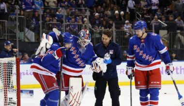 Rangers goaltender Igor Shesterkin leaves game against the Mammoth because of injury