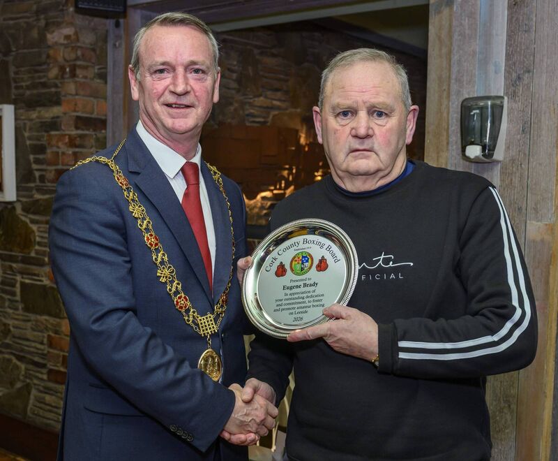 Lord Mayor Fergal Dennehy presenting Eugene Brady of Riverstown BC with an award in recognition of his dedication to Cork Boxing. Picture: Doug Minihane 