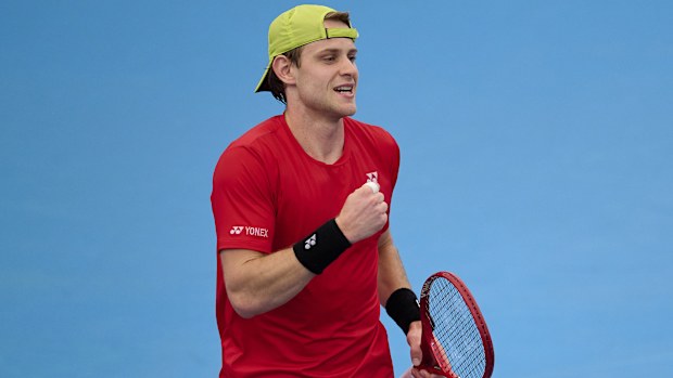 Zizou Bergs celebrates a historic straight-sets victory over Felix Auger-Aliassime at the United Cup.