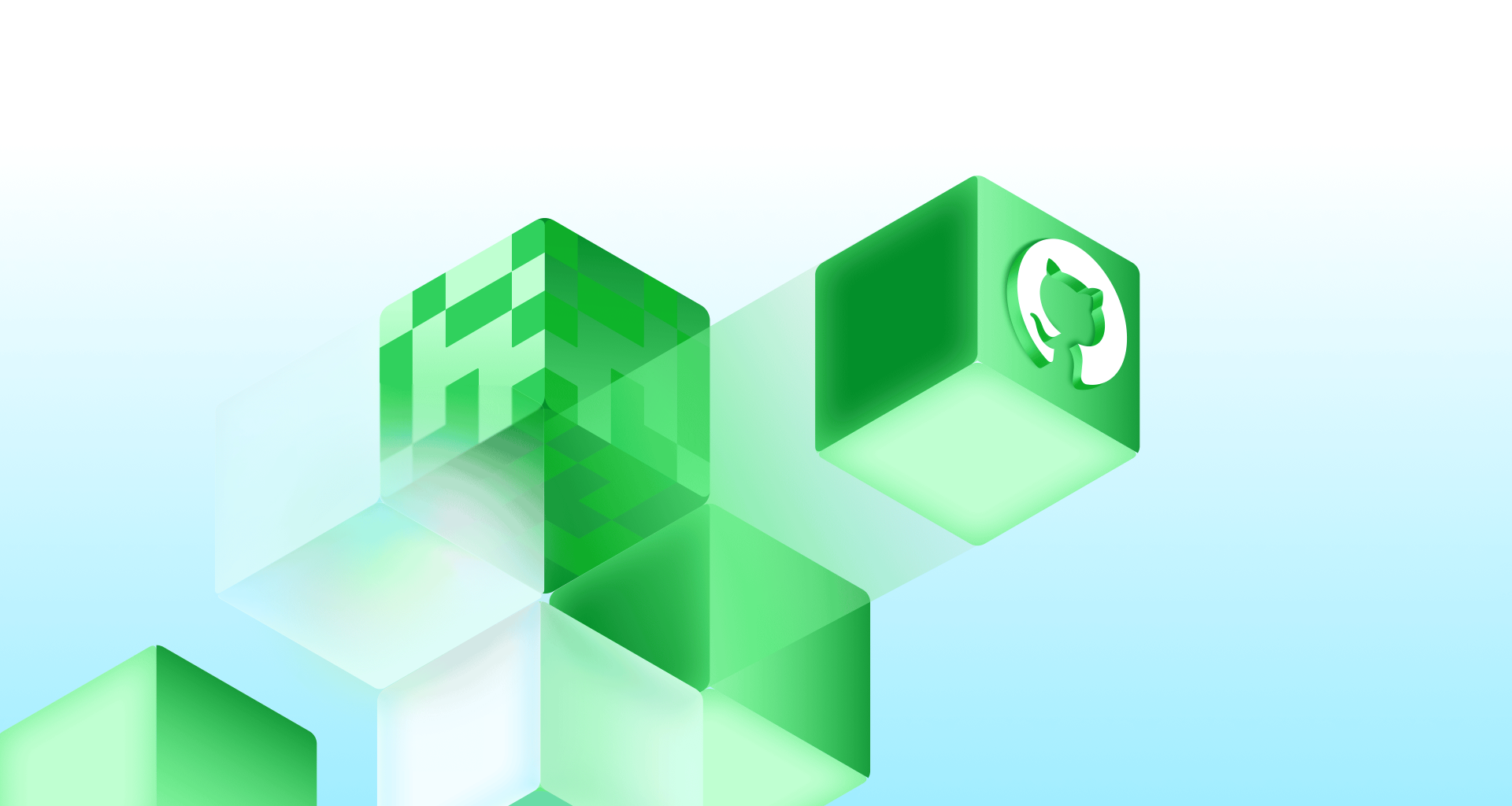 Decorative background featuring floating green cubes, including one with the GitHub invertocat logo.