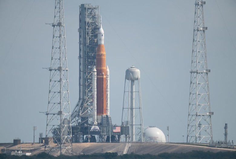 Artemis I Wet Dress Rehearsal - NASA’s Space Launch System (SLS) rocket with the Orion spacecraft aboard is seen atop a mobile launcher at Launch Complex 39B, Sunday, April 3, 2022. Credit: NASA/Joel Kowsky