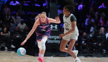 Paige Bueckers (left) in action for Breeze BC in an Unrivaled game earlier this month.