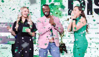 Kevin A. Damoa, Founder & CEO, Glīd, Claire Kroft and Ankit Malhotra, winners of the Startup Battlefield 2025, pose onstage during day three of TechCrunch Disrupt 2025 at Moscone Center on October 29, 2025 in San Francisco, California.