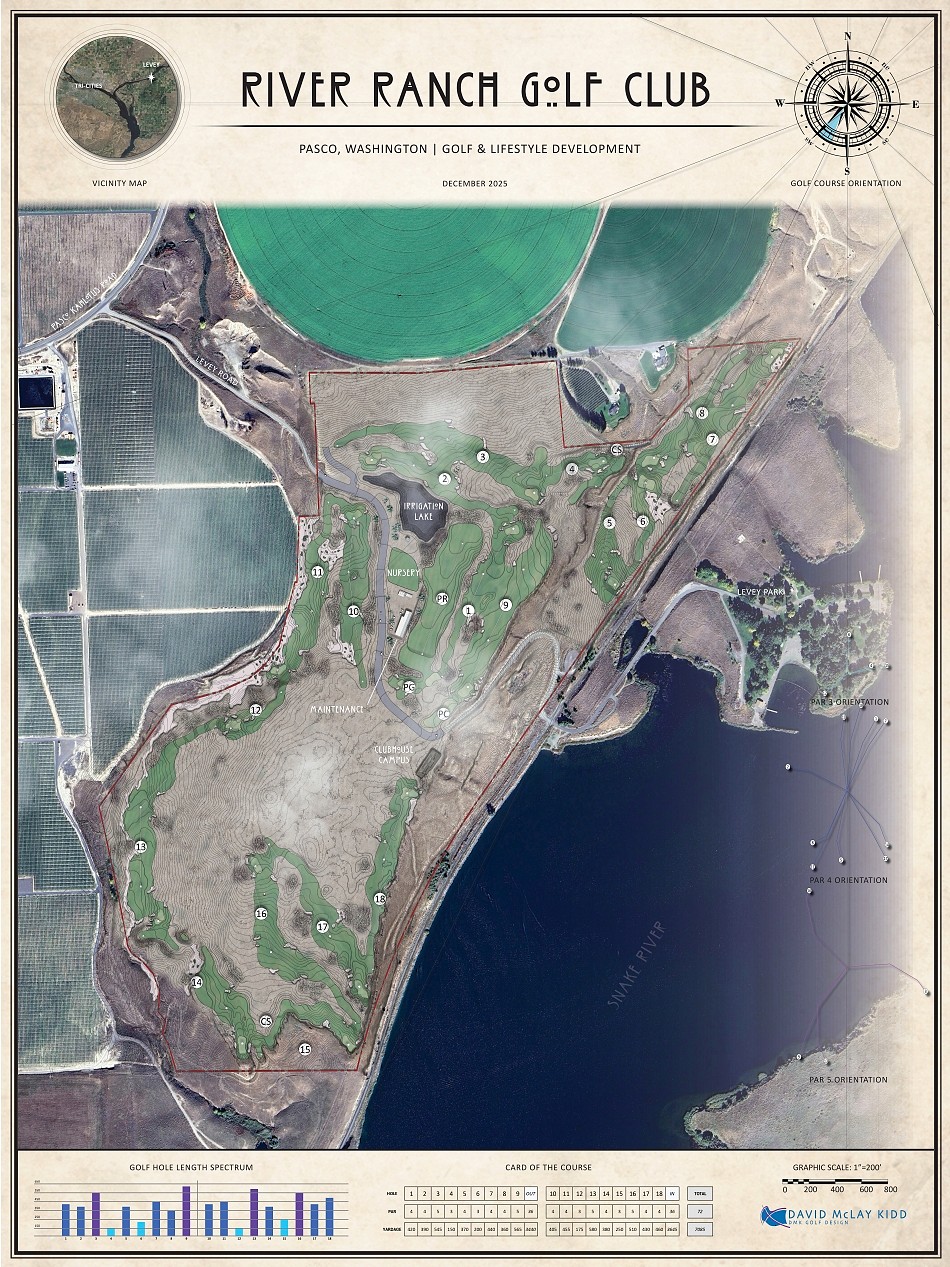David Kidd’s routing for the River Ranch layout, on the banks of Snake River in Washington State (Image: DMK Golf Design) 