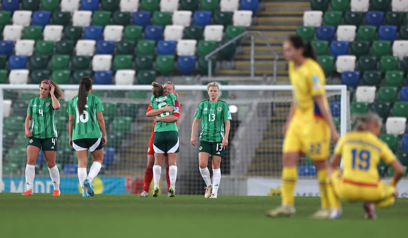 Northern Ireland players celebrate after a Uefa Women’s Nations League match against Romania at Windsor Park in April