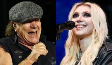 Brian Johnson of AC/DC and Taylor Momsen of The Pretty Reckless playing live onstage