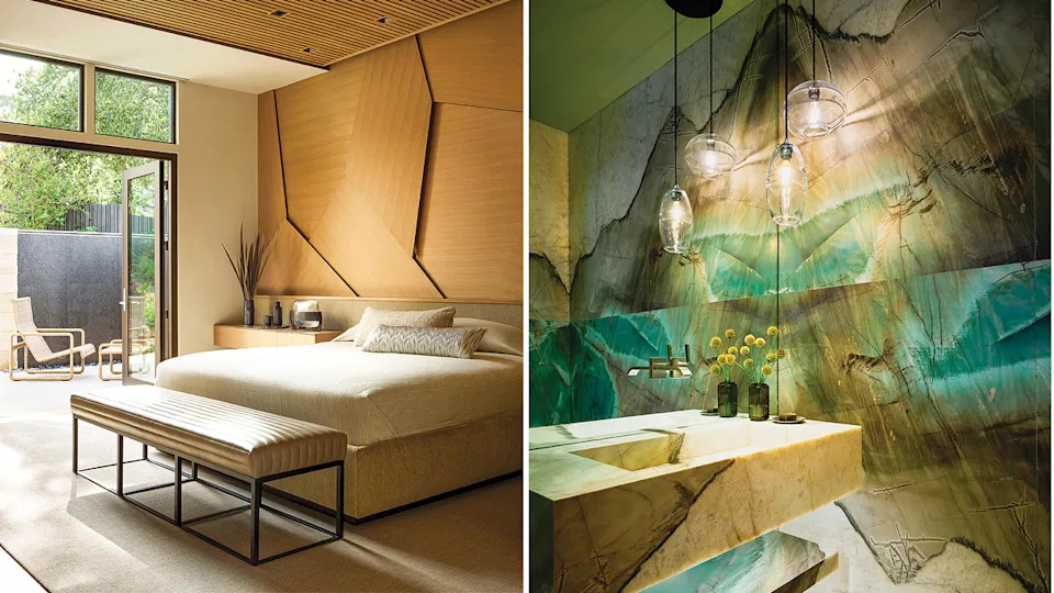 The husband’s primary bedroom with layered geometric white-oak panels by Gregory Pemberton Designs; a bathroom in Botanic
Wave quartzite and John Pomp light fixtures.