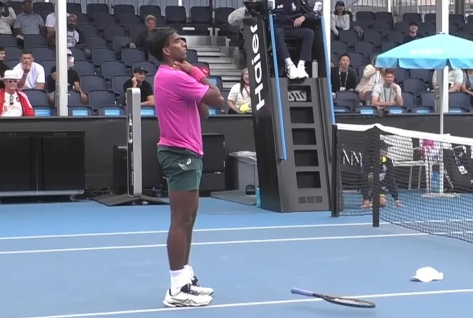 Nishesh Basavareddy celebrated the actual victory by doing a 'choke' gesture towards Ofner (TNT Sports)