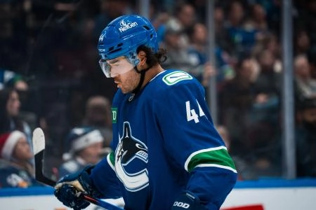 Dec 27, 2025; Vancouver, British Columbia, CAN; Vancouver Canucks forward Kiefer Sherwood (44) during a stop in play against the San Jose Sharks in the second period at Rogers Arena. Mandatory Credit: Bob Frid-Imagn Images Dec 27, 2025; Vancouver, British Columbia, CAN; Vancouver Canucks forward Kiefer Sherwood (44) during a stop in play against the San Jose Sharks in the second period at Rogers Arena. Mandatory Credit: Bob Frid-Imagn Images