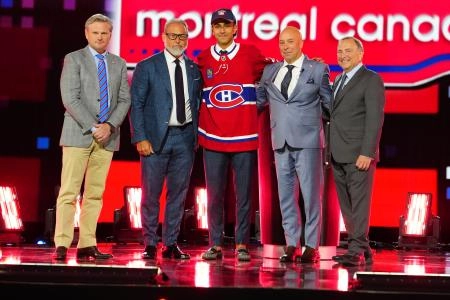June 28, 2024; Las Vegas, Nevada, USA; Michael Hage is selected by the Montreal Canadiens with the 21st overall pick in the 2024 NHL Draft at Sphere.