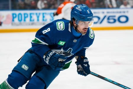 Dec 30, 2025; Vancouver, British Columbia, CAN; Vancouver Canucks forward Conor Garland (8) skates against the Philadelphia Flyers in the first period at Rogers Arena.