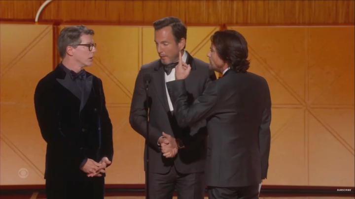 Bateman gets salty with Sean Hayes and Will Arnett onstage while presenting an award during the 2026 Golden Globes awards.