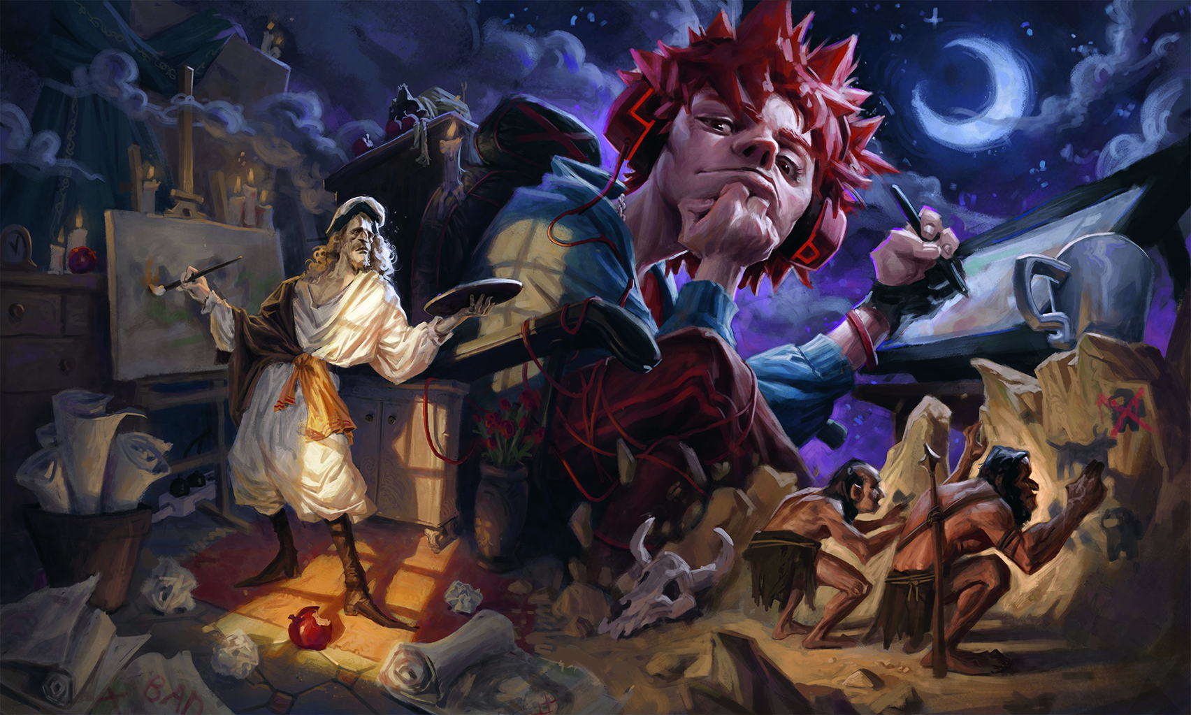 Digital art in a painterly style showing artists painting, from stone age men painting on rocks to a contemporary teenager with spiky hair working on a digital drawing tablet