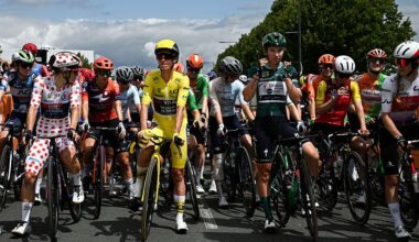 (From L) FDJ-SUEZ team's Swiss rider Elise Chabbey wearing the best climber's polka dot (dotted) jersey, Team Visma