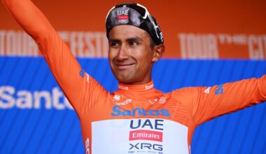 WILLUNGA HILL AUSTRALIA JANUARY 25 Jhonatan Narvaez of Ecuador and UAE Team Emirates Xrg celebrates at podium as Orange Santos Leaders Jersey winner during the 25th Santos Tour Down Under 2025 Stage 5 a 1457km stage from McLaren Vale to Willunga Hill 371m UCIWT on January 25 2025 in Willunga Hill Australia Photo by Dario BelingheriGetty Images