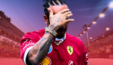 Lewis Hamilton looking downcast edited in front of a background of the Singapore GP circuit