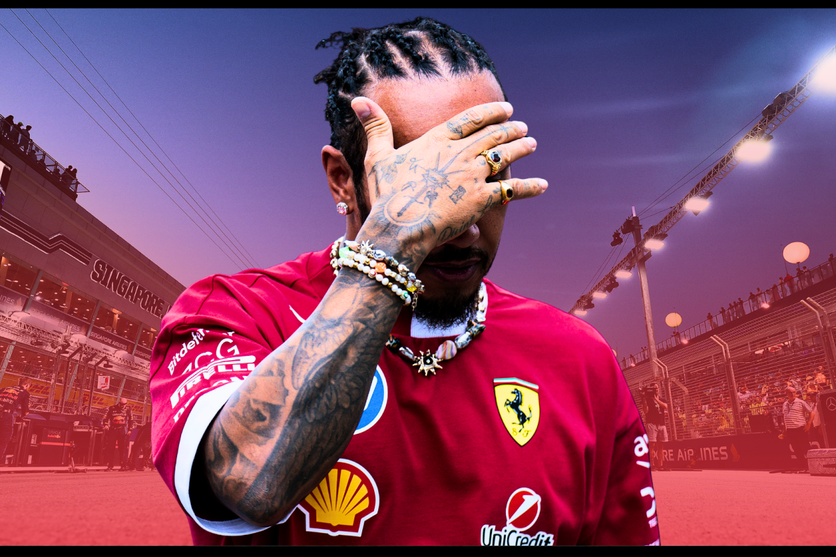 Lewis Hamilton looking downcast edited in front of a background of the Singapore GP circuit