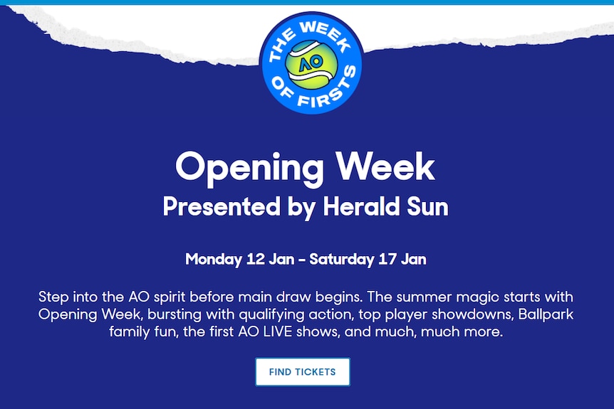 The Australian Open website page dedicated to Opening Week.
